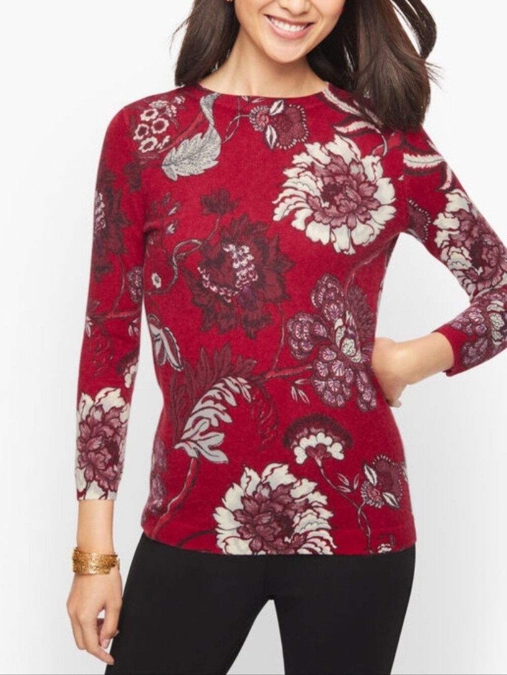 Talbots Audrey Cashmere Sweater - Graphic Floral 100% Cashmere Size S Petite